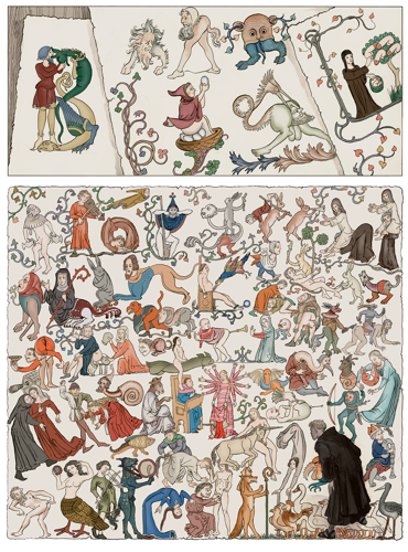 Scabreuze middeleeuwse verluchtingen van manuscripten, met rechtsonderin Adson. Uit: Umberto Eco & Milo Manara, De naam van de roos