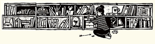 Illustratie van Floor Rieder. Boekenkast met moeder er geknield voor. Uit: J.M. Barrie, Peter Pan, vertaling Esther Ottens