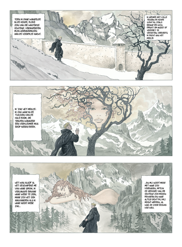 Adson, wandelend in een winters landschap buiten de abdij, denkend aan het meisje. Uit: Umberto Eco & Milo Manara, De naam van de roos