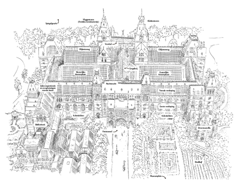 Het Rijksmuseum, tekening Marieke Nelissen voor Astrid Sy, De glazenwasser van het Rijksmuseum